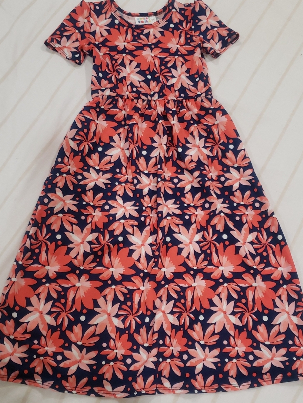 Girls Dot Dot Smile Navy Dress with Coral & Light Pink Floral Print